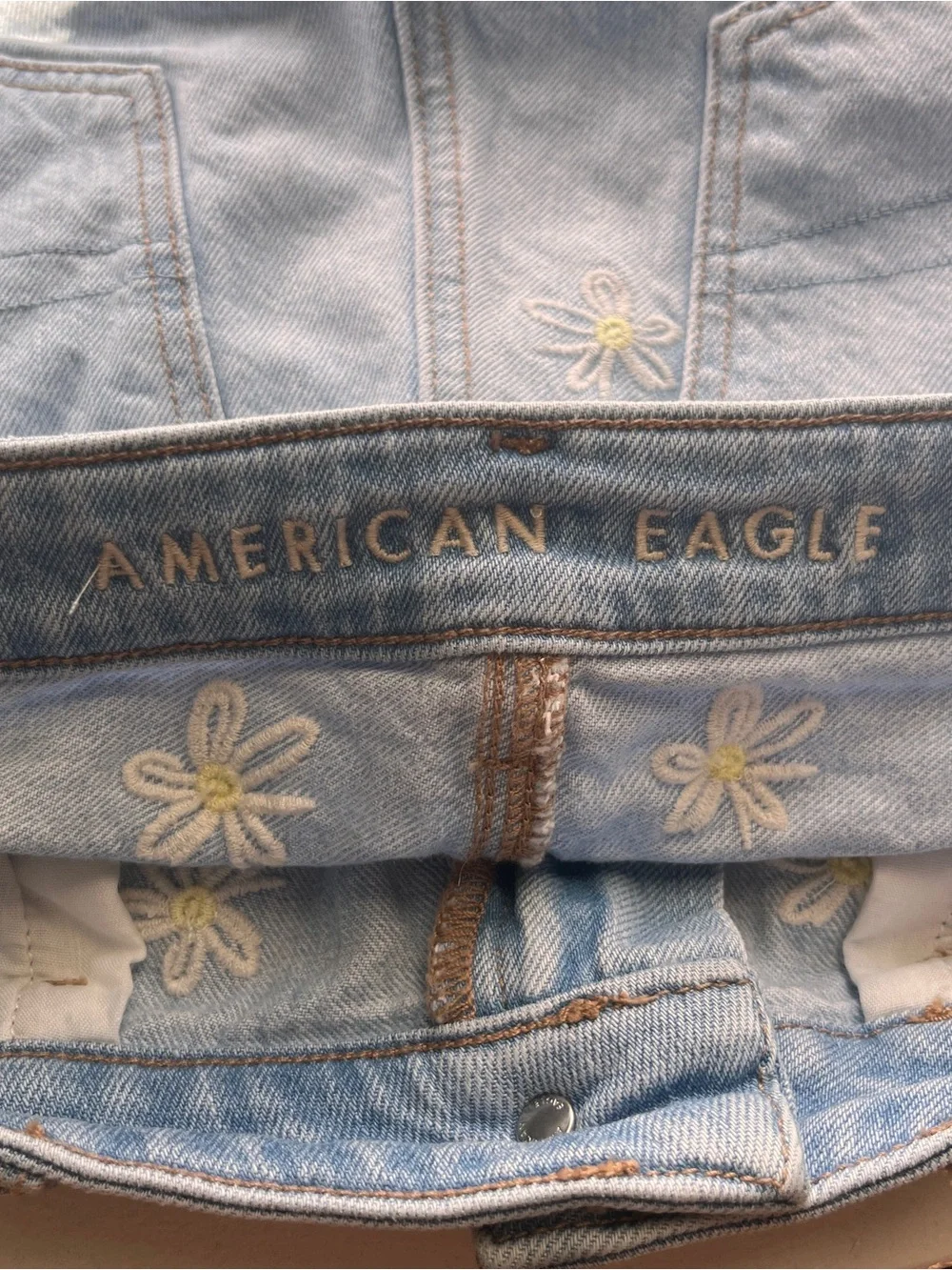 American Eagle Light Wash Denim Daisy Embroidered Jean Shorts